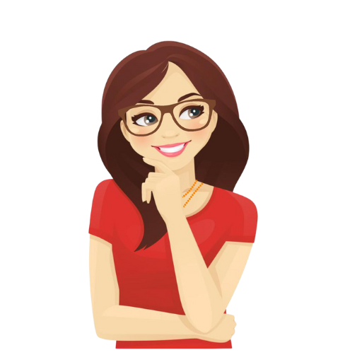 lustração de uma mulher com óculos, cabelo castanho e blusa vermelha, sorrindo pensativa. Avatar Ateliê Janny Reis.