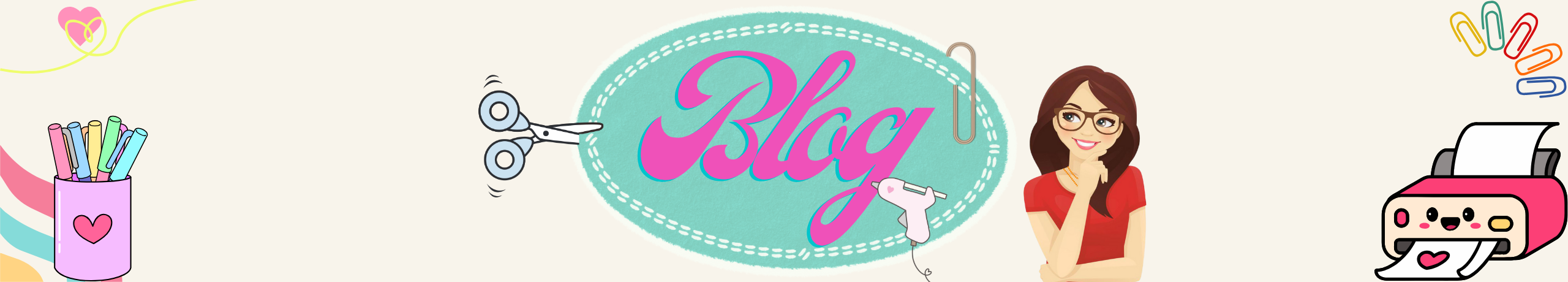 Banner da página de blog do Ateliê Janny Reis com elementos de papelaria e artesanato em estilo fofo e colorido.