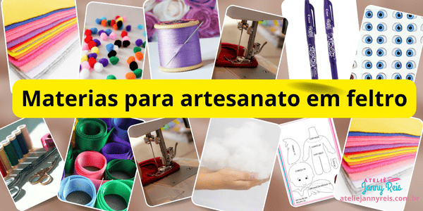 Materiais básicos para artesanato em feltro, incluindo tecidos coloridos, linhas, pompons, tesoura, fitas e máquina de costura. Materiais para começar no artesanato em feltros
