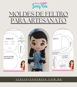 Moldes de feltro para artesanato com boneca de feltro ao centro, representando criatividade e trabalho manual do Ateliê Janny Reis.